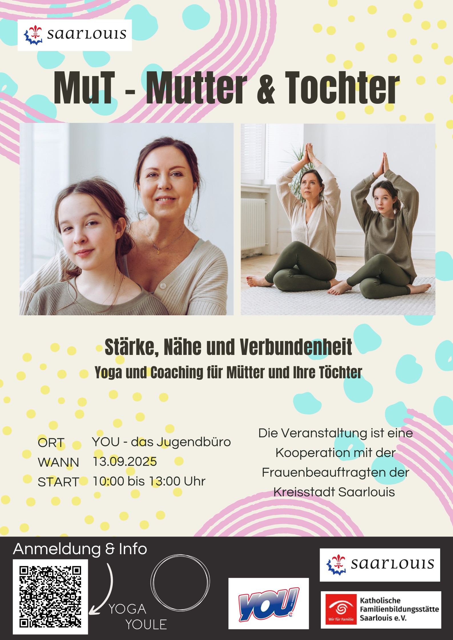 Am Samstag, den 13. September 2025 von 10 bis 13 Uhr bieten YOU-Das Jugendbüro und Yoga-Youle ein besonderes Yoga-Event für Mütter und Töchter im Esther-Bejarano-Haus. Einmal bewusst Zeit füreinander nehmen, Körper und Geist in Einklang bringen und die Mutter-Tochter-Beziehung stärken: Unter der Leitung von Julia Trabant (Yogalehrerin, Entspannungspädagogin und Coachin) erwartet Mütter und Töchter ein […]