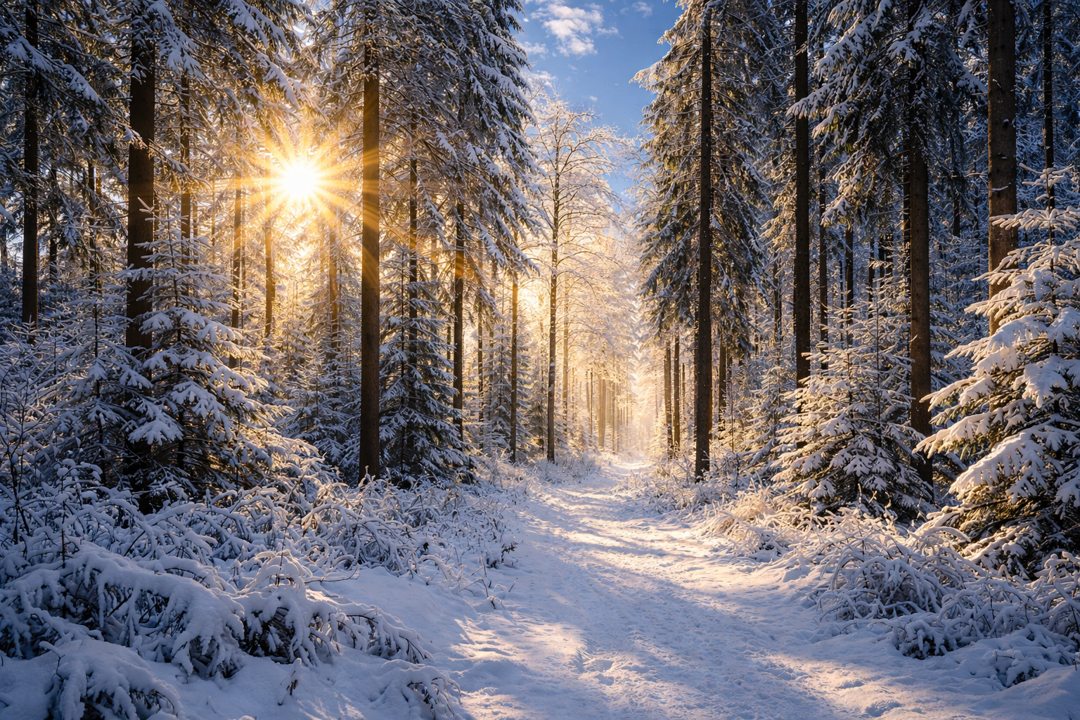 Wintermorgen im sonnigen Wald
