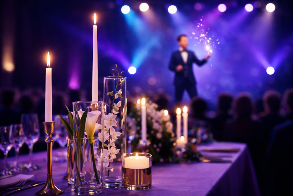 Eleganter Tisch bei einer Zaubershow_KI_generiert